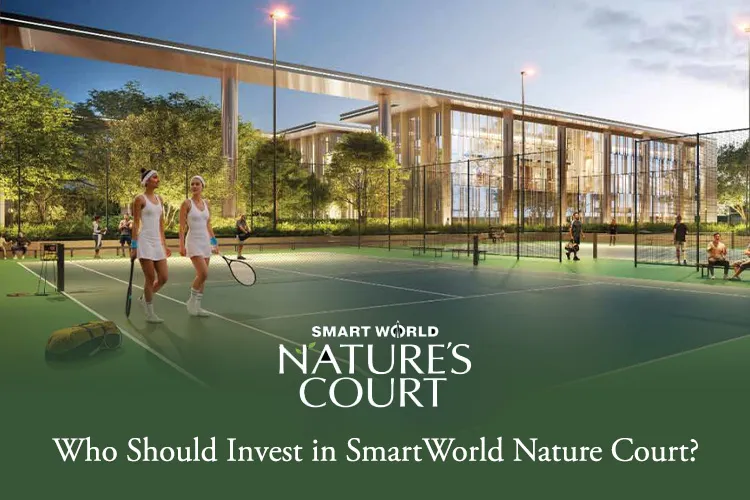 Aerial view of SmartWorld Nature's Court tennis and padel courts with players, surrounded by lush greenery and a modern glass clubhouse in the background.