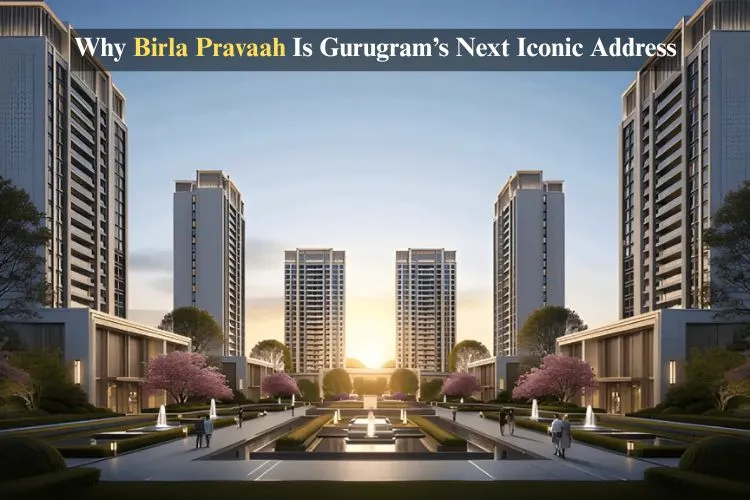 Modern high-rise apartment buildings of Birla Pravaah in Gurugram at sunset, surrounded by landscaped gardens and water features.