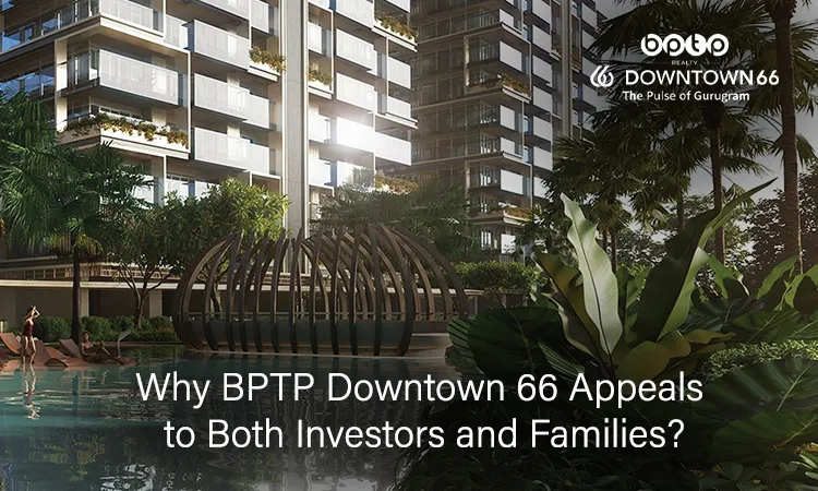 A luxury view of BPTP Downtown 66 Gurugram featuring twin high-rise towers, tropical landscaping, a swimming pool, and a unique arch-shaped pergola structure. The text over image is 