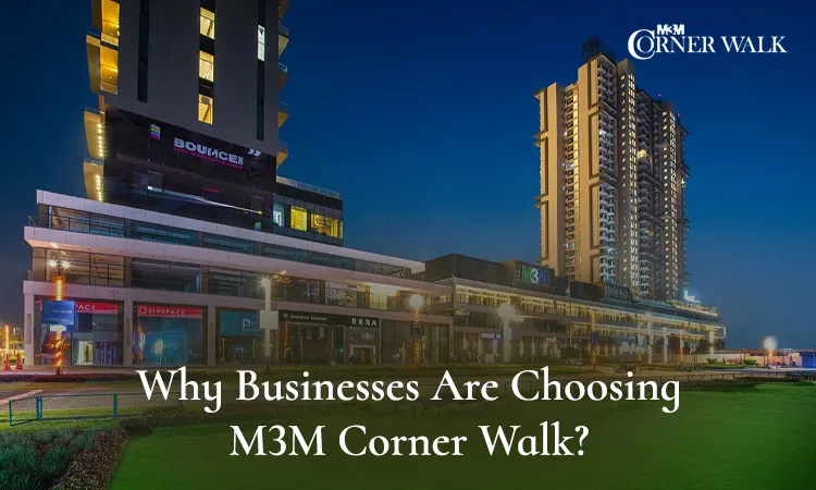 M3M Corner Walk at dusk with illuminated high-rise towers, retail storefronts and Bouncer entertainment signage on the lower podium, M3M Corner Walk logo top right, text overlay reads 