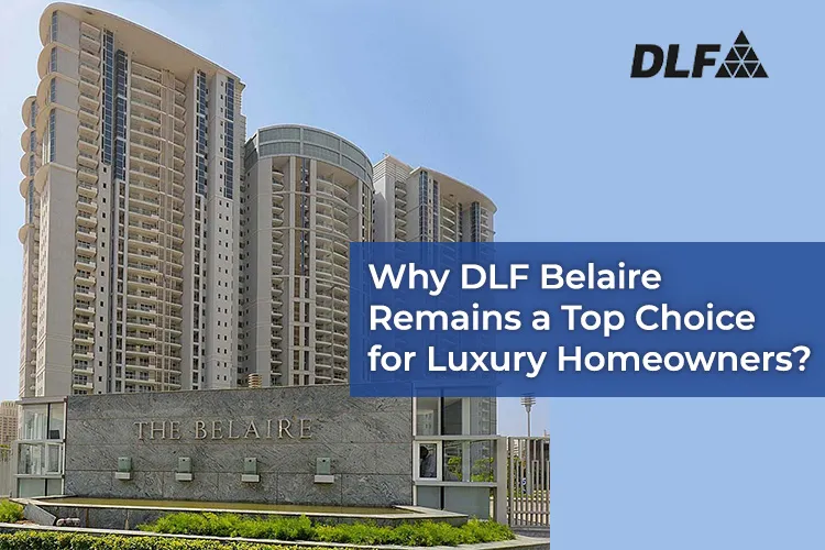 Exterior view of the DLF Belaire residential complex in Sector 54, Gurgaon, showing multiple high-rise luxury apartment towers and the gated entrance with 'The Belaire' signage. The image highlights the upscale architecture and prime location on Golf Course Road.