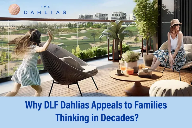 Luxury balcony at DLF Dahlias overlooking golf course, with woman and child enjoying serene family moments