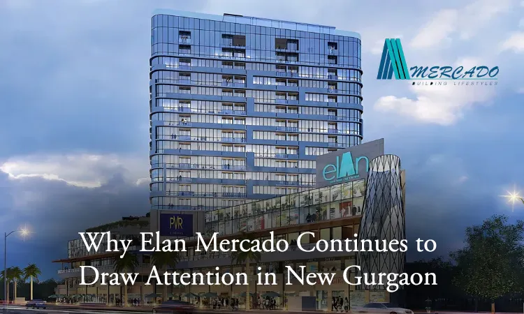Exterior view of Elan Mercado mixed-use tower with retail and commercial spaces in New Gurgaon, featuring the Elan and PVR signage against a dramatic evening sky.