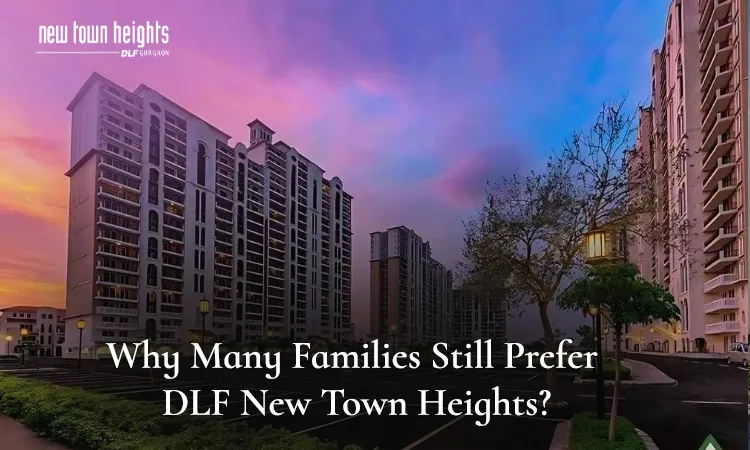 DLF New Town Heights Gurugram high-rise residential towers under a pink and purple twilight sky, with the 