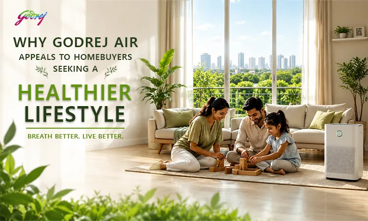 Godrej Air Gurgaon blog banner showing a family sitting on the floor of a bright, airy living room surrounded by indoor plants, with large windows overlooking lush greenery and a cityscape, an air purifier beside the sofa, and text overlay reading 