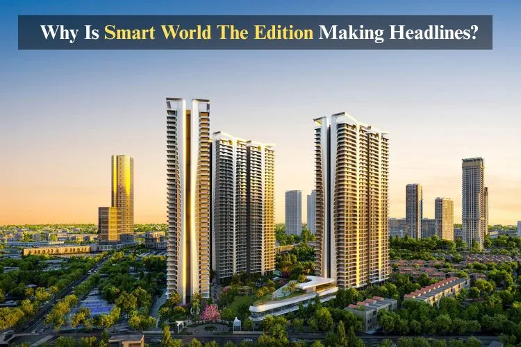 A panoramic aerial view of the modern Smart World The Edition residential complex with tall, sleek high-rise buildings, lush green landscaping, and other city buildings under a clear, warm sunset sky.