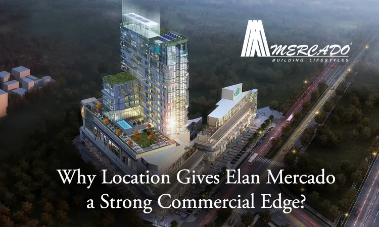 Aerial view of Elan Mercado mixed-use commercial development featuring a glass high-rise tower, retail complex, rooftop pool, and the Mercado Building Lifestyles logo with the text 