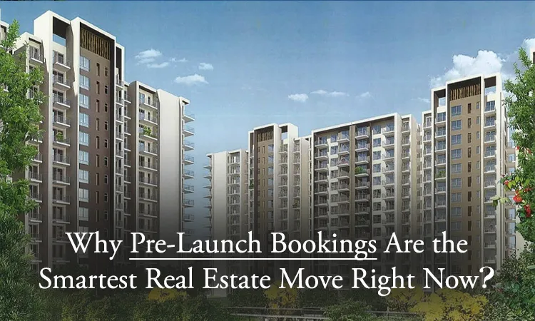Modern high-rise residential apartment buildings surrounded by greenery with the text 