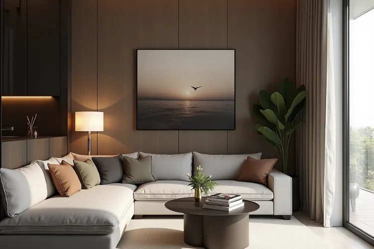 Contemporary modern living room with a neutral sectional sofa, round coffee table, and a large sunset photograph on the brown accent wall.