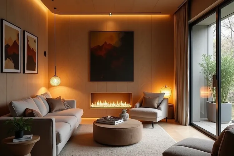 Cozy, warm modern living room with ambient lighting, a recessed fireplace, light beige sofa, and a large circular ottoman coffee table.