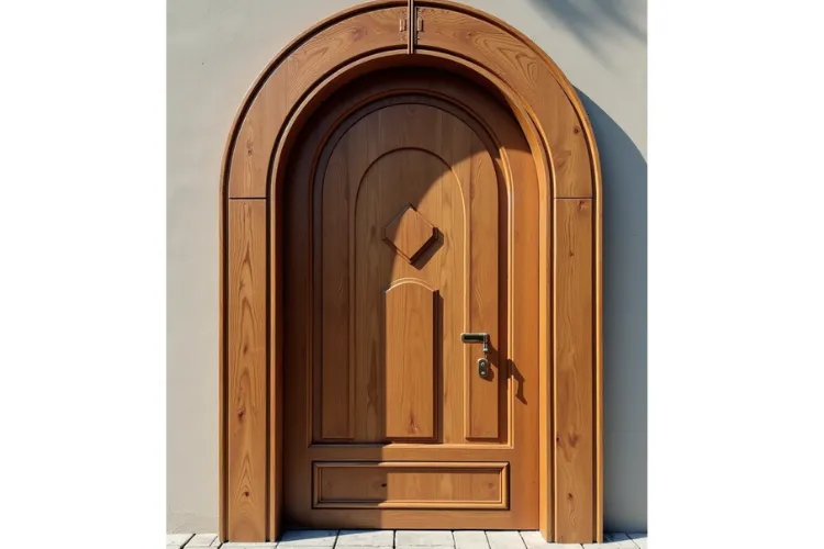  A light-colored arched wooden door with a natural wood grain finish. The door has a classic design with multiple recessed panels, including a large arched panel at the top and a small square diamond-shaped panel below it. The bottom of the door features a wide rectangular panel. The door is set within a thick, arched wooden frame. It is equipped with a simple gold or brass lever handle. The door is installed in a light-colored wall, and the ground is paved with square tiles.