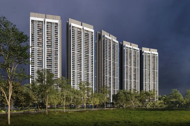Exterior view of multiple contemporary high-rise residential towers at DLF Privana West, featuring sleek design and numerous balconies, set amidst green landscapes under a dramatic sky in Gurugram.