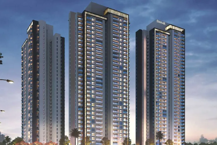 A modern, spacious living room in an Emaar Amaris luxury apartment in Gurugram, featuring floor-to-ceiling windows, high-end finishes, and panoramic city views.