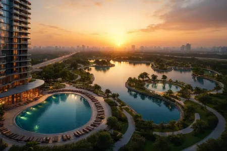AIPL Riviera – Lagoon-Style Pools and Sunset Views at Lake City Lagoon-style swimming pools at AIPL Riviera surrounded by palm trees and sunset-lit skyline