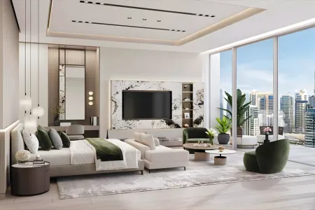 AIPL Riviera – Luxury Master Bedroom with Panoramic City View Spacious bedroom at AIPL Riviera with elegant interiors and floor-to-ceiling windows overlooking city skyline