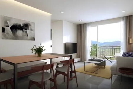 Birla Arika Contemporary Living and Dining Space with Balcony View Modern living and dining area at Birla Arika with minimalist decor and scenic balcony view