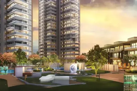 Central Park 104 – Sunset Elegance in Gurugram’s Premier Residential Enclave Sunset view of Central Park 104 Gurugram with high-rise towers, landscaped gardens, sculptures, and residents enjoying outdoor amenities