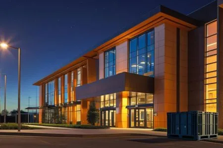 Emaar India Business Centre – Grand Entrance Exterior at Night Brightly lit commercial building entrance with orange cladding and glass panels at night
