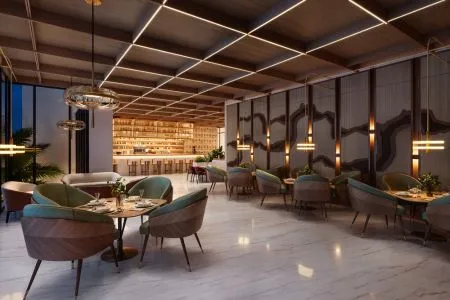 Origen Realty The Oryza - Luxury Fine Dining Restaurant and Bar Lounge Interior rendering of an upscale dining restaurant and lounge at Origen Realty The Oryza featuring grid light ceilings, polished marble floors, plush seating, and a illuminated bar.