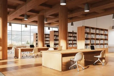Origen Realty The Oryza - Library and Co-Working Lounge Interior Interior rendering of a modern library and co-working space at Origen Realty The Oryza with wooden support pillars, coffered ceiling, bookshelves, and study tables.