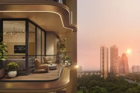 Origen Realty The Oryza - Luxury Apartment Balcony at Sunset Architectural rendering of a spacious curved balcony at Origen Realty The Oryza featuring outdoor seating, ambient ceiling cove lighting, and a panoramic city skyline view at sunset.