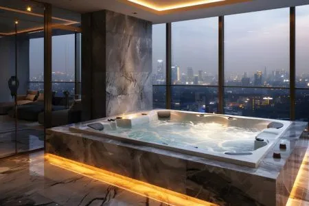 Origen Realty The Oryza - Luxury Indoor Jacuzzi Spa with City Skyline Views Architectural rendering of a high-end spa suite at Origen Realty The Oryza featuring a large sunken marble Jacuzzi tub with floor-to-ceiling windows overlooking a city skyline at dusk.