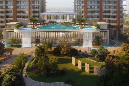 Origen Realty The Oryza - Podium Infinity Pool with Cascade Waterfalls and Central Park Aerial architectural rendering of Origen Realty The Oryza featuring an elevated podium infinity swimming pool with cascading water features overlooking a landscaped green park.