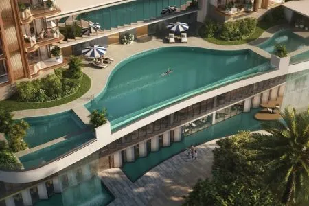 Origen Realty The Oryza - Elevated Podium Infinity Pool & Deck Top-down aerial architectural rendering of an organic-shaped infinity pool on an elevated podium deck at Origen Realty The Oryza.