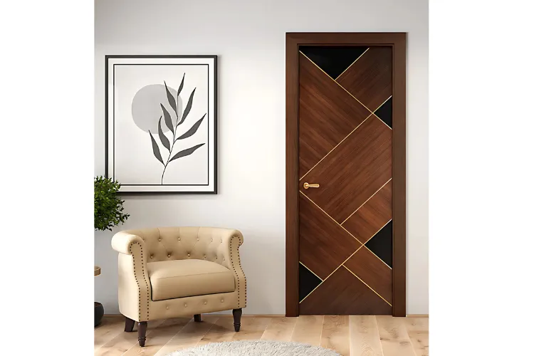  A contemporary interior featuring a unique wooden door with a geometric design. The door has a dark wood grain finish and is divided into various triangular and trapezoidal sections by thin, gold-colored lines. Some of these sections are filled with black panels, creating a striking contrast. The door is set in a dark wood frame and has a simple gold handle. To the left, a tufted cream-colored armchair with nailhead trim sits beneath a framed print of a plant leaf and a circular sun on a light background. A small potted plant and a white rug are also visible.