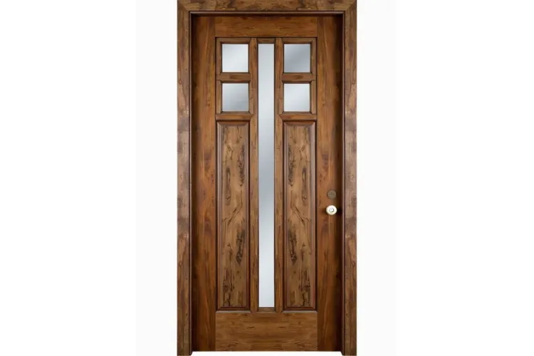 Rustic wooden door with vertical frosted glass panels and square glass inserts at the top, showcasing a blend of classic and contemporary design.