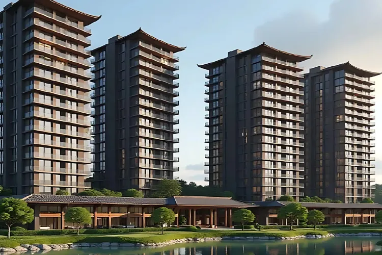 Exterior view of Godrej Sora residential towers with a clubhouse and a serene lake, reflecting modern Japanese architectural design in Gurugram.