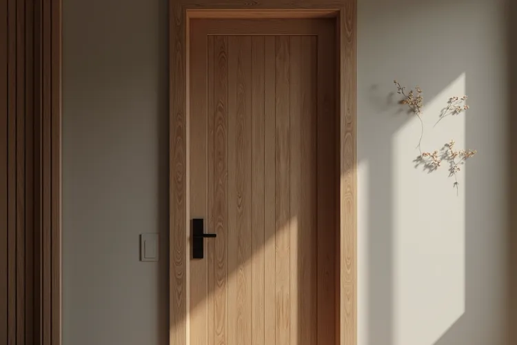 Minimalist light wood bedroom door with vertical panels and black handle, illuminated by natural sunlight through a nearby window.