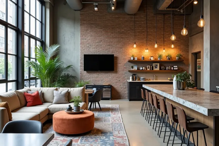 Industrial modern loft with exposed brick wall, large factory windows, hanging Edison bulbs, and an open-plan kitchen island.