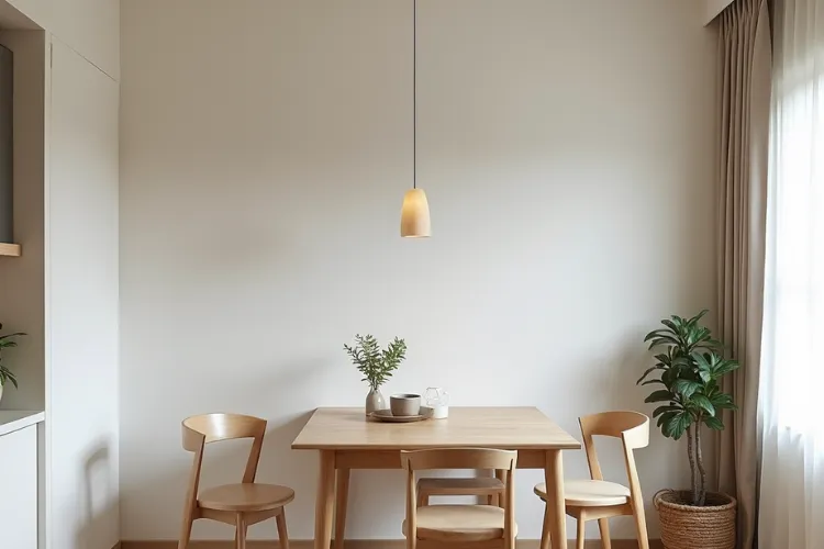 Japandi minimalist dining nook with a light wood table, curved wooden chairs, and a simple hanging pendant light.