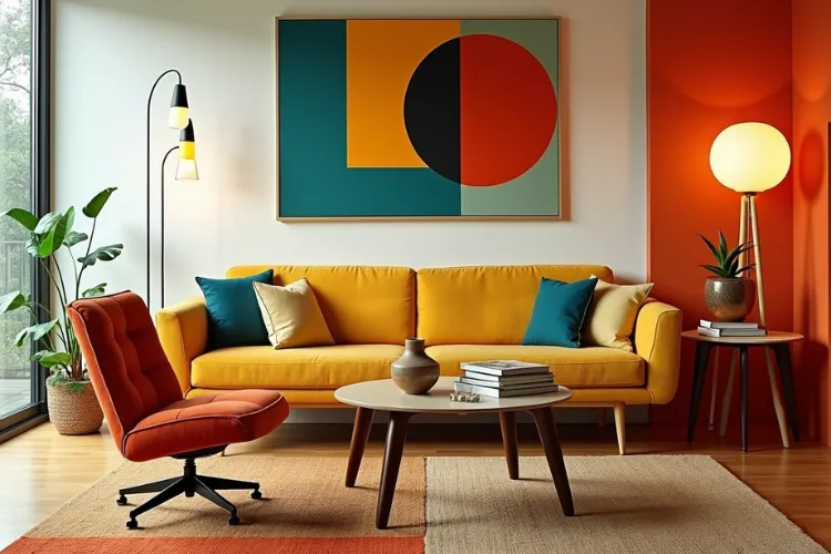 Mid-century modern living room with teak furniture, abstract geometric art, and retro floor lamp.