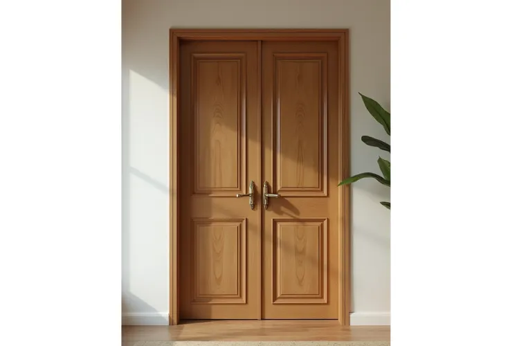  A set of light-colored, mid-century modern double doors with a smooth, natural wood grain finish. Each door has two recessed rectangular panels, one large panel at the top and a smaller one below, surrounded by raised trim. The doors are fitted with a pair of matching, ornate, brushed-metal lever handles and a vertical metal pull handle in the center where they meet. The doors are set in a matching wooden frame, and a green plant is partially visible on the right.