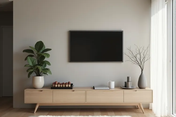 Minimalist modern TV console in light wood with a mounted television, Scandinavian-style plant, and white sheer curtains.
