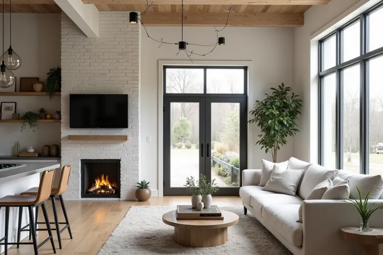 Modern farmhouse rustic living room with a white brick fireplace, natural wood ceiling beams, and a light-colored sofa facing large windows.