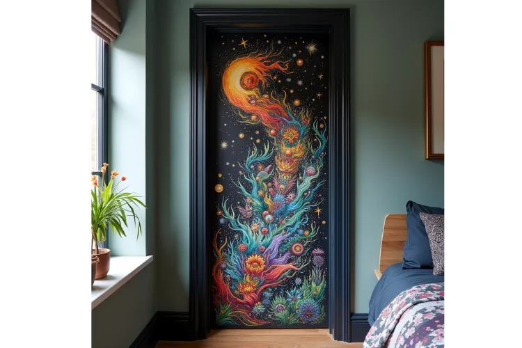 Vibrant black bedroom door featuring a colorful cosmic mural with swirling galaxies, stars, and abstract floral patterns, set in a cozy modern room.