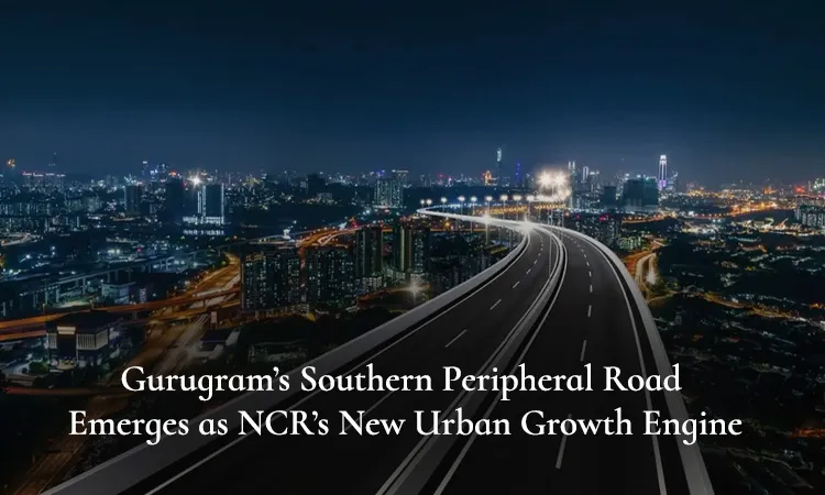Aerial night view of Gurugram's curving Southern Peripheral Road lined with glowing street lights, leading into an illuminated city skyline of high-rise towers, with text overlay reading 