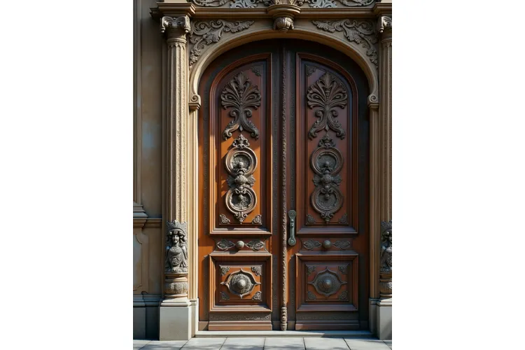  A magnificent and highly ornate set of double doors, carved from dark, rich wood. The doors are arched at the top and feature elaborate carvings, including a large, stylized leafy motif on each door, flanked by intricate circular designs that resemble lion heads with a hanging ring. The bottom of each door has a small, decorative circular panel. The doors are set in an equally ornate frame with carved Corinthian-style pilasters on either side, topped with a detailed entablature and architrave. The frame also includes small carved figures on the bases of the pilasters. The doors are equipped with a vertical, dark-colored handle on the right side.