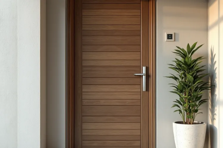 Modern wooden door with horizontal panel design and sleek silver handle, placed beside a green indoor plant in a white planter.