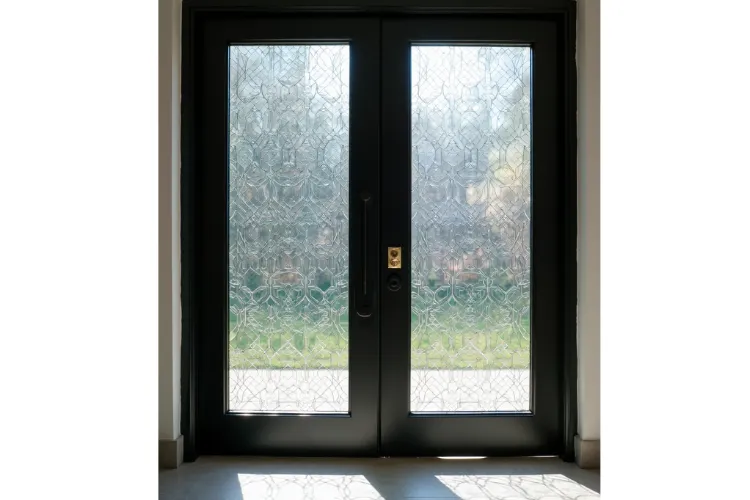  A set of modern black-framed double doors featuring two large panels of textured, patterned glass. The glass has a repeating, abstract geometric or floral motif that distorts the view of the green landscape and sunlight outside. The doors are equipped with a long, vertical black handle on the left door and a traditional gold-colored knob and keyhole on the right door. The doors are set in a light-colored wall with a simple tiled floor.