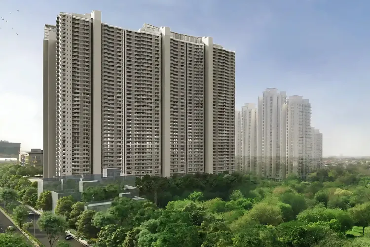 DLF One Midtown luxury residential towers in Moti Nagar, West Delhi surrounded by lush greenery and urban skyline.