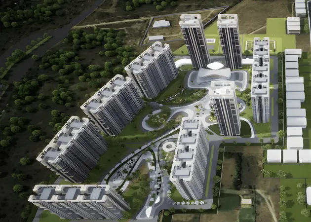 Architectural rendering of M3M Forestia West showing high-rise towers, landscaped greens, and planned community spaces at GIC, Manesar
