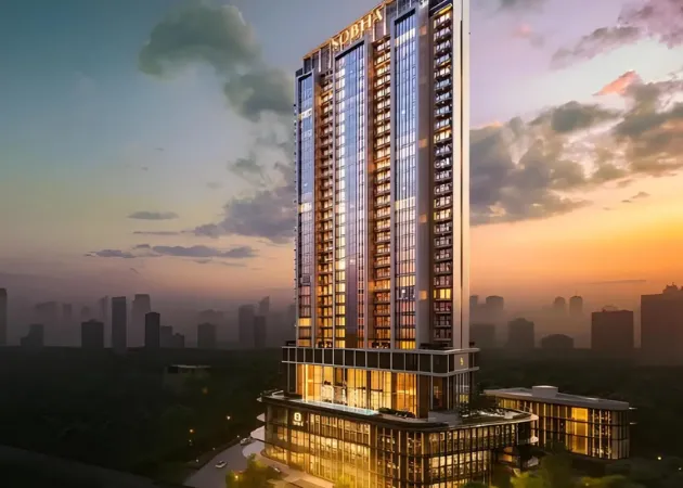 Luxury high-rise Sobha Strada illuminated at sunset in Sector 106, Dwarka Expressway, Gurgaon