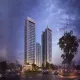 Architectural rendering of the Emaar Serenity Hills residential towers at dusk, illuminated against a dark blue sky, viewed from a street with traffic.