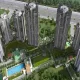 Aerial view of Godrej Meridien residential complex in Gurugram, showing multiple high-rise apartment towers, a large swimming pool, lush green lawns, and a tennis court, with a highway visible in the background.