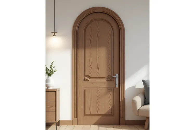 Classic arched wooden bedroom door with elegant panel detailing and silver handle, set in a cozy, softly lit interior.