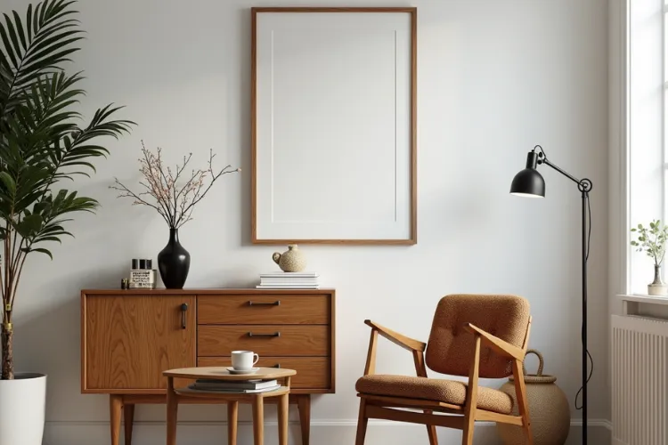 Scandinavian modern interior with a teak wood credenza, empty picture frame mockup, and comfortable wood-framed armchair.